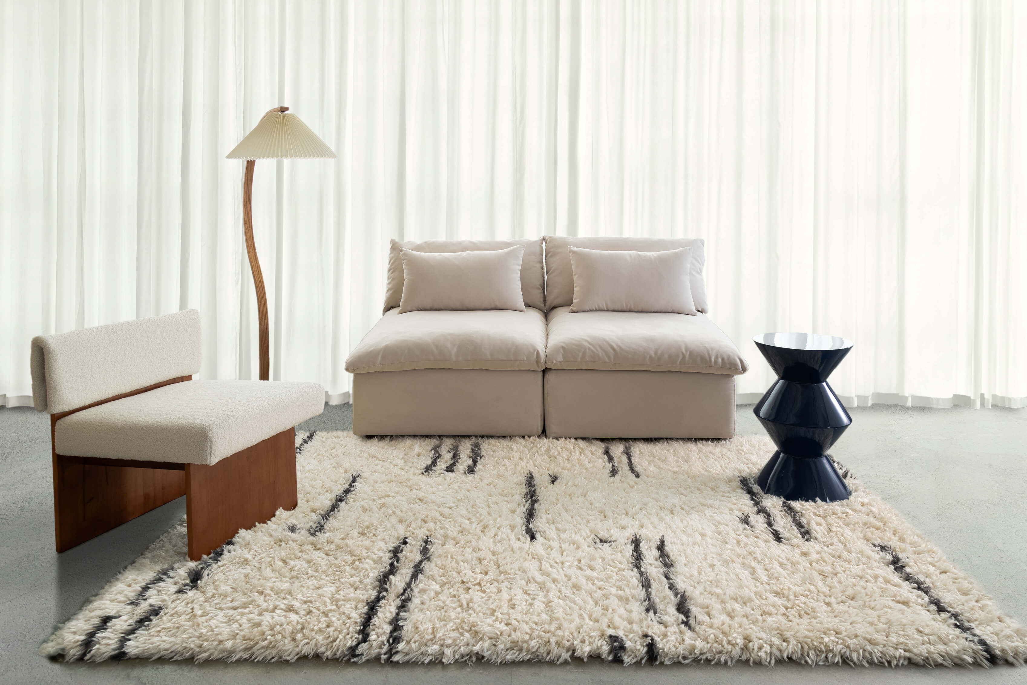 Loopsie Bao Cream and Black Striped Shag Rug In Living Room