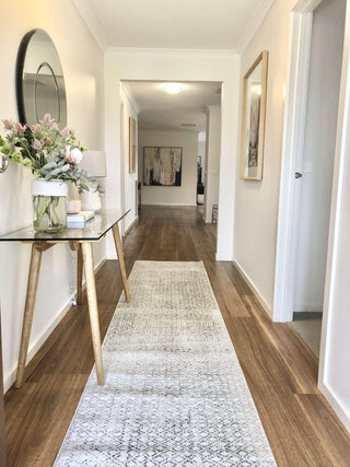 Rug Culture: Evoke Grey & Ivory Distressed Diamond Runner Rug Styled In Hallway with timber floors