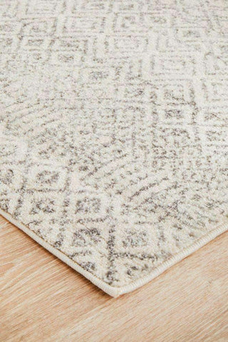 Rug Culture: Evoke Grey & Ivory Distressed Diamond Runner Rug on timber floor