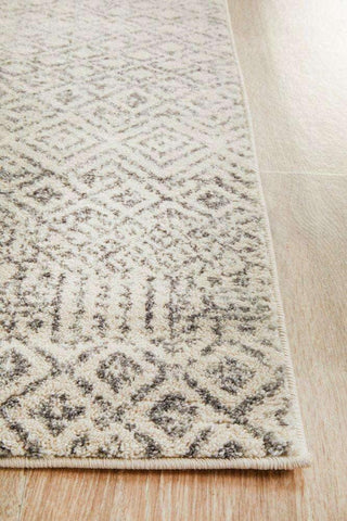 Rug Culture: Evoke Grey & Ivory Distressed Diamond Runner Rug Corner on Timber Flooring