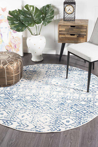 Rug Culture RUGS Ismail White Blue Tribal Round Rug